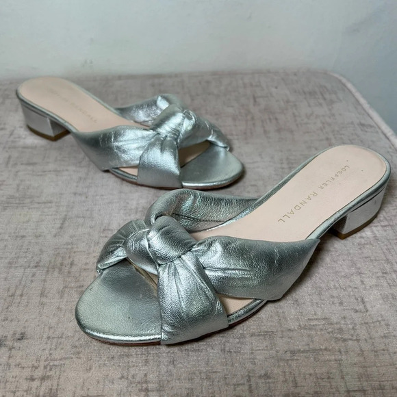 Loeffler Randall Silver Bow Knotted Slip On Leather Block Heel Sandals Sz 5 - Picture 2 of 9